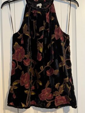 Max Studio Black Velvet Floral Halter Top with Burgundy & Olive Accents